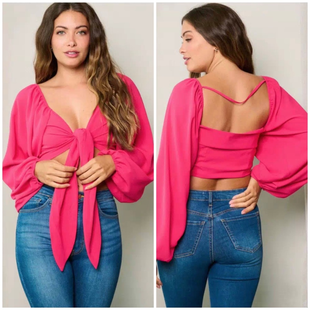 #16 Pink crop boho tie top